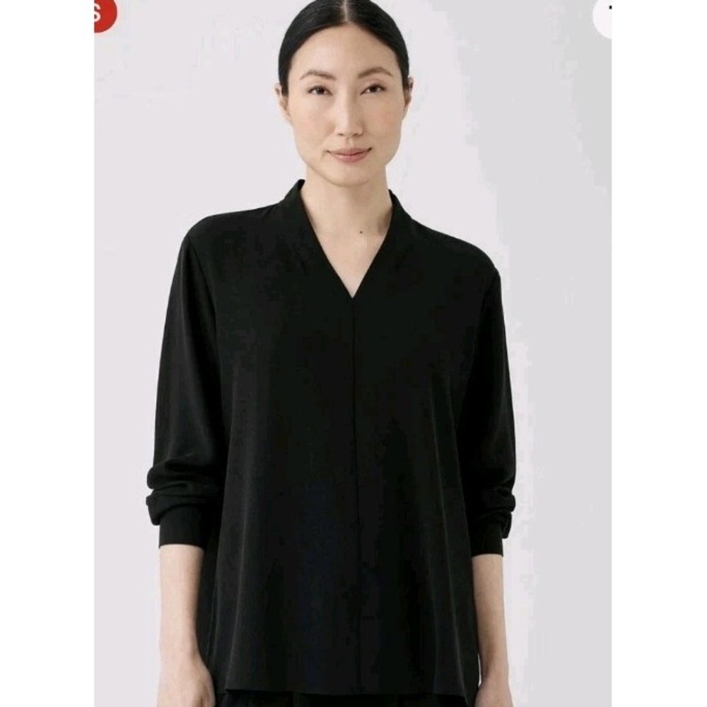 NEW EILEEN FISHER Women S Black Silk Georgette V-Neck Top Long Button Sleeve